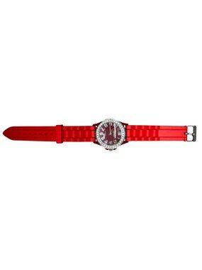 Geneva Platinum Watch With Red Silicone Band & Rhinestone Bezel Adjustable READ